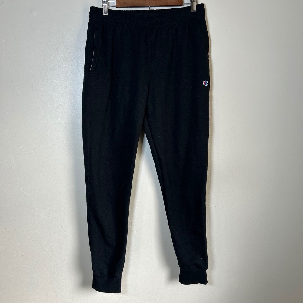 Champion Jogger Pants Mens Large Black Fleece Tapered Sweatpants C Logo